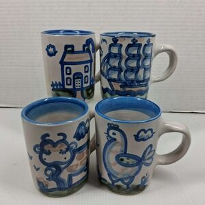 MA Hadley Set of 4 Hand Painted Stoneware Mugs Cow Rooster Ship House Folk Art